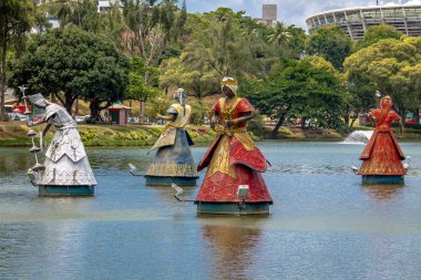 SALVADOR, BRAZIL - Nov 16, 2015: Oxala, Ogum and Xango Orixas Statues of Candomble traditional African saints in Dique do Tororo - Salvador, Bahia, Brazil