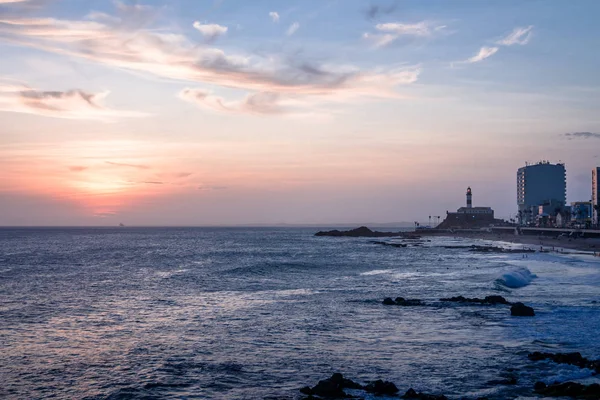 Naplemente Barra Strand Farol Barra Barra Lightouse Háttér Salvador Bahia — Stock Fotó