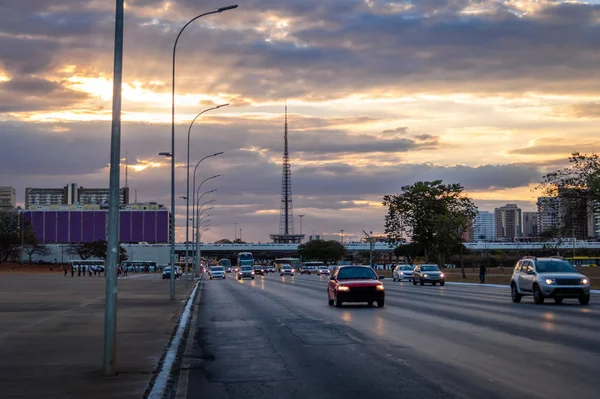 Monumentala Axis Avenue Solnedgången Brasilia Distrito Federal Brasilien — Stockfoto