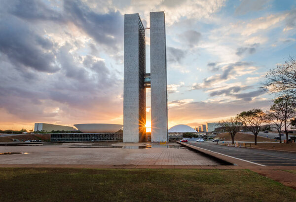 Brasilia, Brasil - Aug 26, 2018: Brazilian National Congress at sunset - Brasilia, Distrito Federal, Brazil