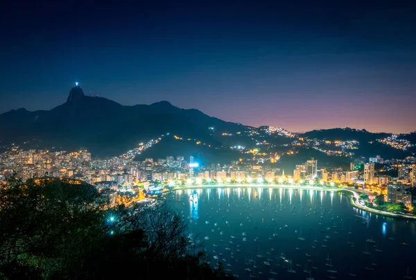 Vista Aérea Rio Janeiro Baía Guanabara Com Corcovado Noite Rio — Fotografia de Stock