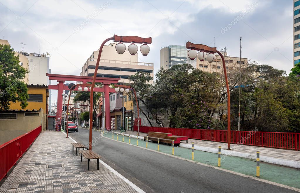 Torii Gate at Liberdade Avenue in Liberdade japanese neighborhood - Sao Paulo, Brazil