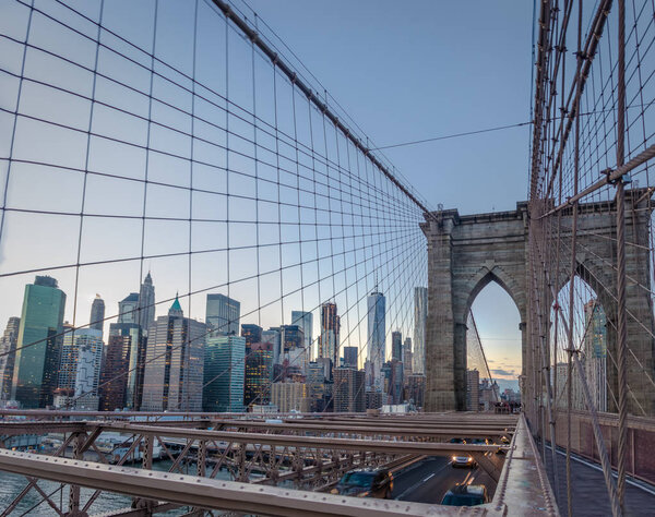 Panoramic View of Brooklyn Bridge traffic and Manhattan skyline