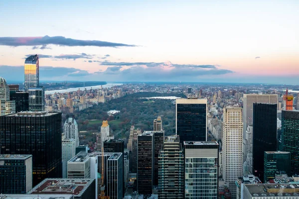 Panorama Flygfoto Över Manhattan Och Central Park Vid Solnedgången — Stockfoto