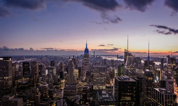 Flygfoto Över Manhattan Skyline Solnedgången New York Usa — Stockfoto