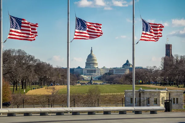 Banderas Estadounidenses Con Capitolio Los Estados Unidos Segundo Plano Washington — Foto de Stock