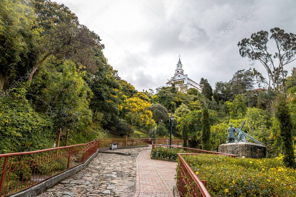 Walkway on top of Monserrate Hill with Monserrate Church on background - Bogota, Colombia