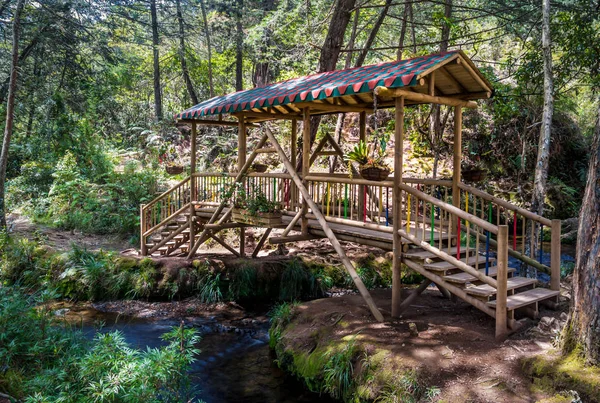 Kleine Bunte Überdachte Hölzerne Brücke Parque Arvi Medellin Kolumbien — Stockfoto