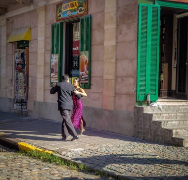 Buenos Aires, Argentina - May 12, 2018: Tango dancers at La Boca neighborhood - Buenos Aires, Argentina