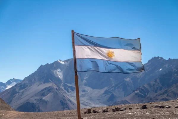 Argentina Flag Cerro Tolosa Mountain Background Cordillera Los Andes Mendoza — Stock Photo, Image