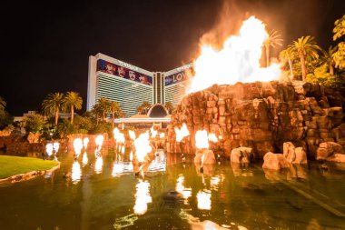 Mirage Hotel Casino and Volcano Eruption Show at Night - Las Vegas, USA