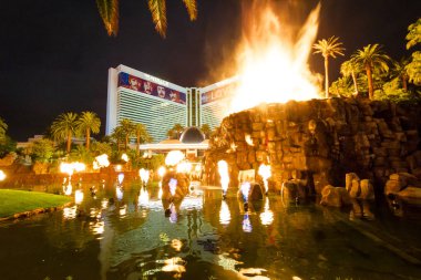 Mirage Hotel Casino and Volcano Eruption Show at Night - Las Vegas, USA