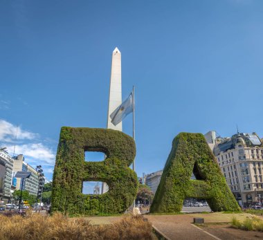 Buenos Aires, Argentina - Feb 5, 2018: Buenos Aires Sign and Obelisk at Plaza de La Republica - Buenos Aires, Argentina