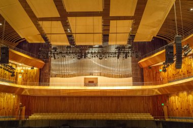 Buenos Aires, Argentina - May 19, 2018: Pipe Organ of Symphonic Concert Hall known as Ballena Azul or Blue Whale at Kirchner Cultural Centre (Centro Cultural Kirchner) CCK - Buenos Aires, Argentina clipart