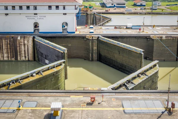 Opening gates at Miraflores lock - entrance to the Panama Canal