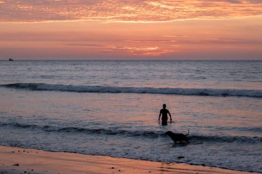 Güzel gün batımı, insan ve köpek siluet Mancora Beach - Mancora, Peru