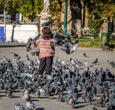 La Paz, Bolivya - 01 Mayıs 2016: Plaza Murillo 'da güvercin besleyen çocuk - La Paz, Bolivya