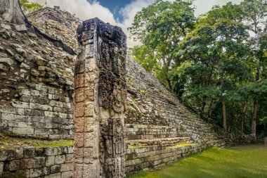Pyramid stairs and Carved Stella in Mayan Ruins - Copan Archaeol