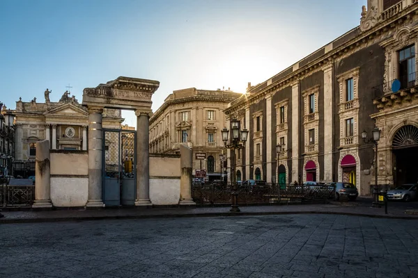 Place Stesicoro Entrée Des Ruines Amphithéâtre Romain Coucher Soleil Catane — Photo