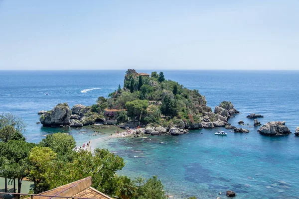 Αεροφωτογραφία Του Νησιού Isola Bella Και Παραλία Ταορμίνα Σικελία Ιταλία — Φωτογραφία Αρχείου