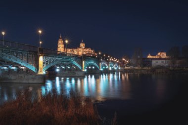 Katedral ve Enrique Estevan Köprüsü ile Salamanca Skyline görünümü