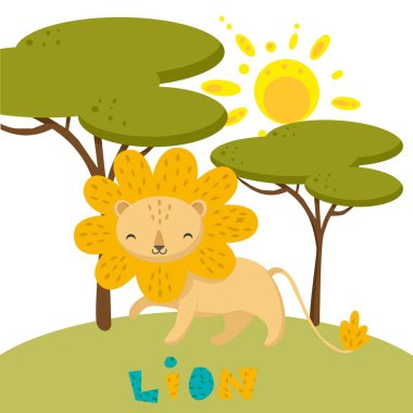 Elle çizilmiş vektör doğada sevimli aslan.