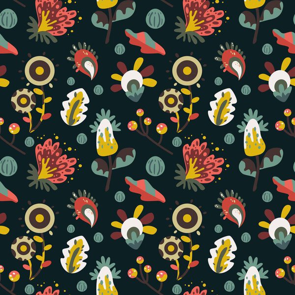 Dark fantasy flowers pattern on black background