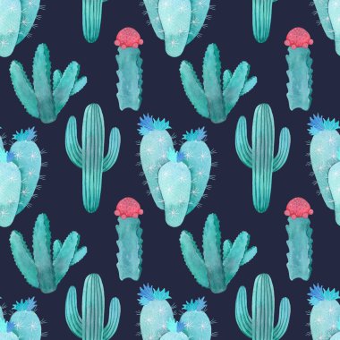 Watercolor Pattern Cactus Set green blue, pink and violet colors clipart