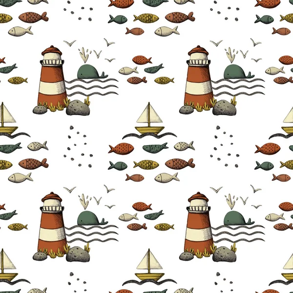 Hand drawn sea life and nautical seamless pattern background — Stock Photo, Image