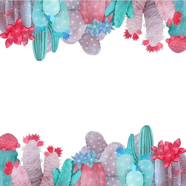 Akvarelu Cactus zelené modré, růžové a fialové barvy rámu — Stock fotografie