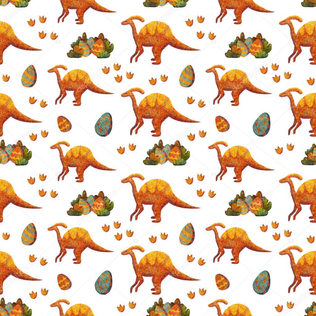 Seamless Pattern with Cute various Dinosaurs blue and orange