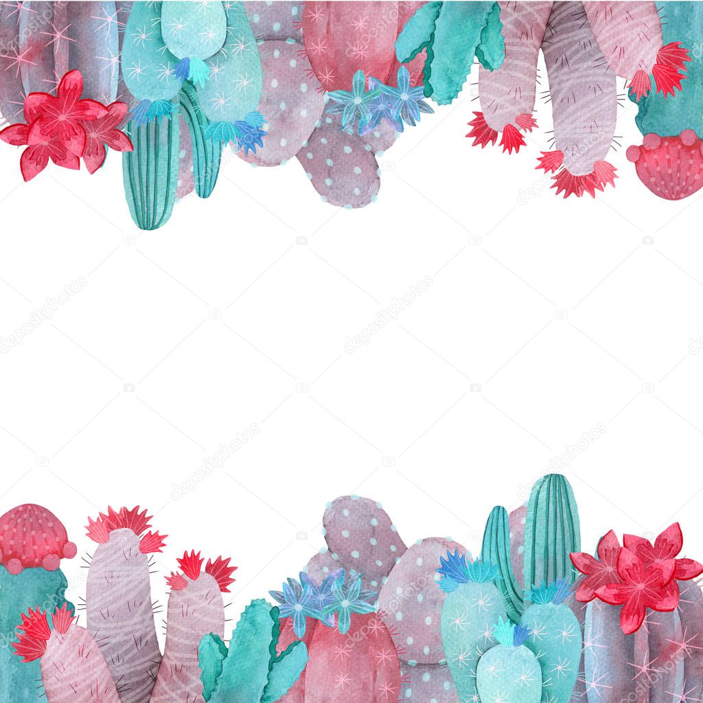 Watercolor Cactus frame green blue, pink and violet colors