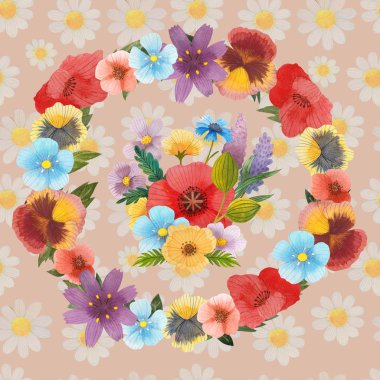 Vahşi çiçek çelengi suluboya resim sanatı deseni