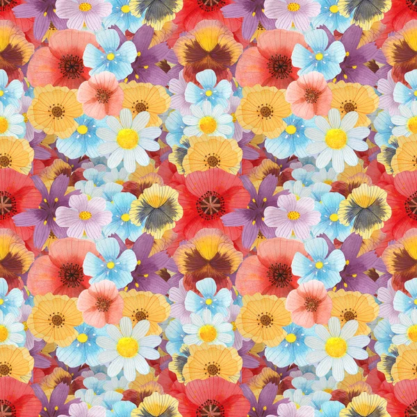 Wild flowers watercolor pattern set illustration seamless — Stock Photo, Image