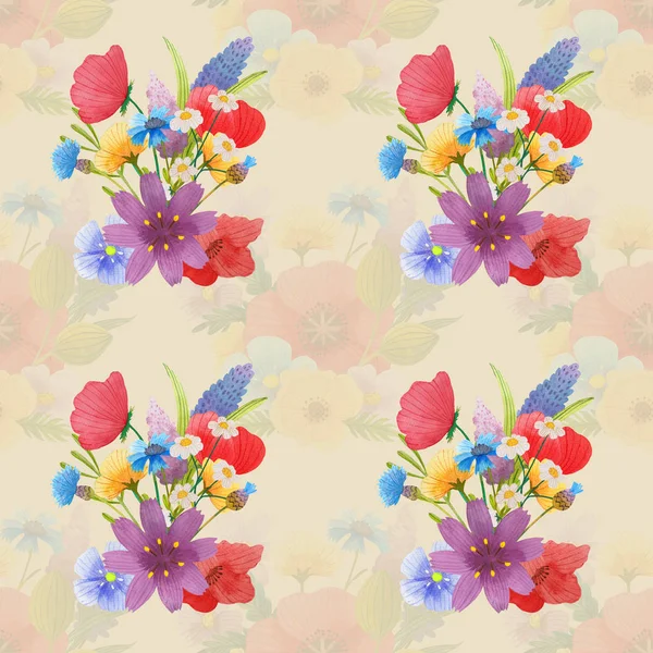 Flowers poppies watercolor pattern set illustration seamless — Stock Photo, Image