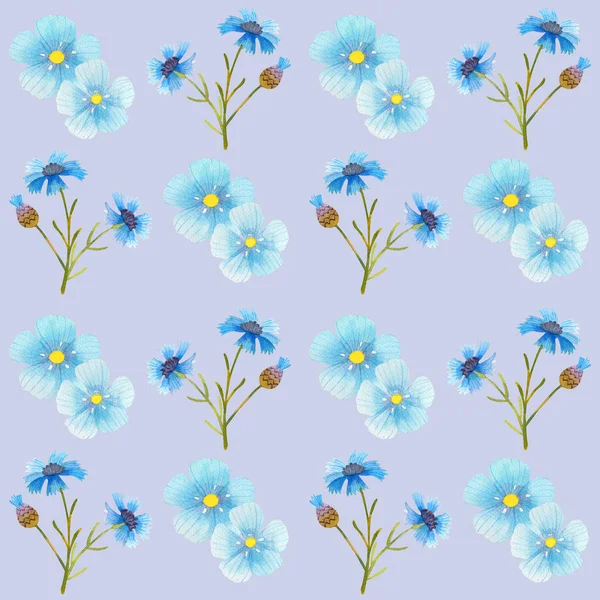 Cornflower μπλε λουλούδια μοτίβο ακουαρέλα απεικόνιση χωρίς ραφή — Φωτογραφία Αρχείου