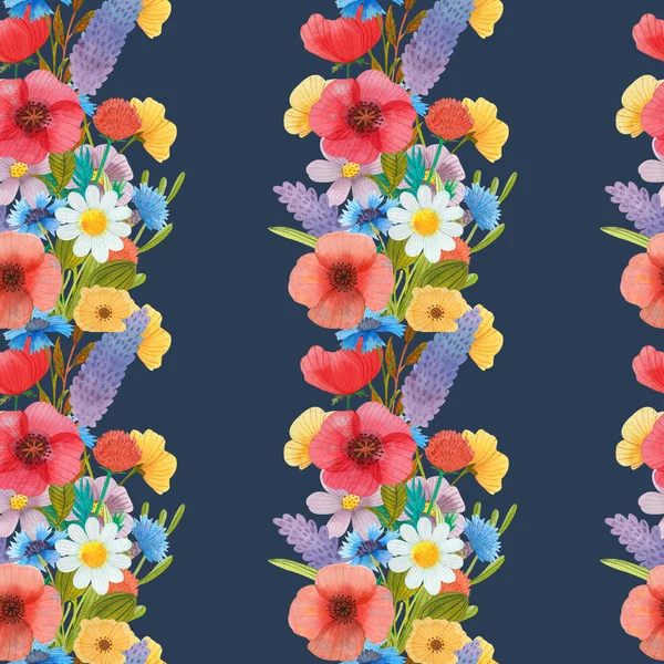 Wild flowers watercolor pattern set illustration seamless — Stock Photo, Image