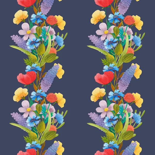 Wild flowers watercolor pattern set illustration seamless — 스톡 사진