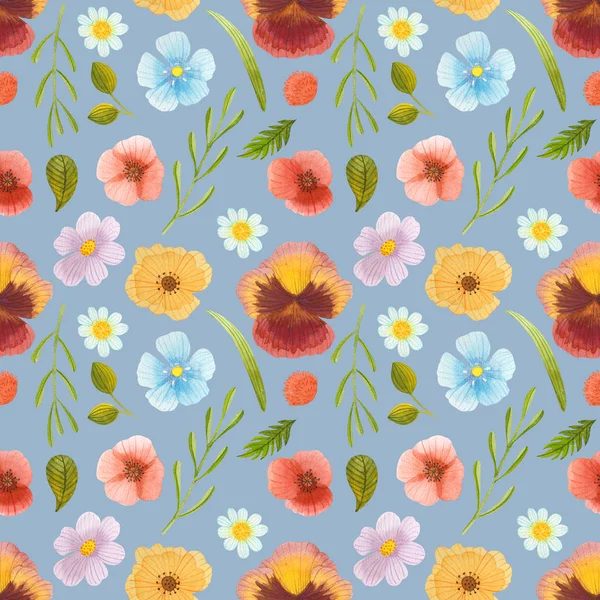 Wild flowers watercolor pattern set illustration seamless — 스톡 사진