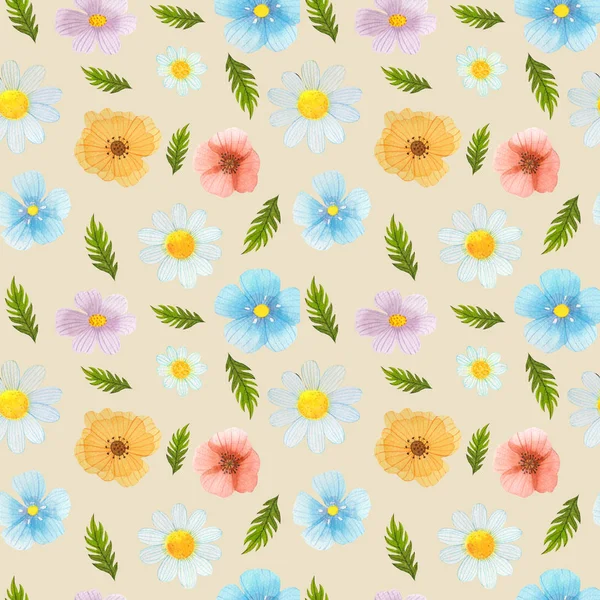 Wild flowers watercolor pattern set illustration seamless — Stock Photo, Image