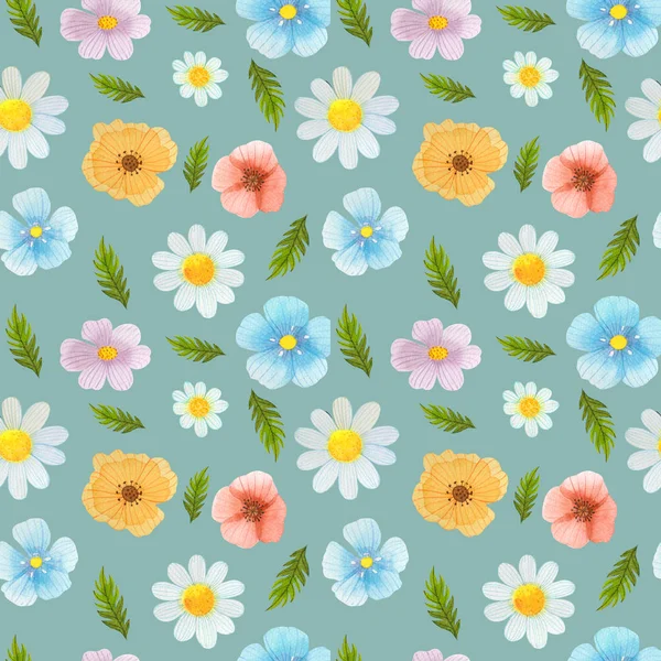 Wild flowers watercolor pattern set illustration seamless — 스톡 사진