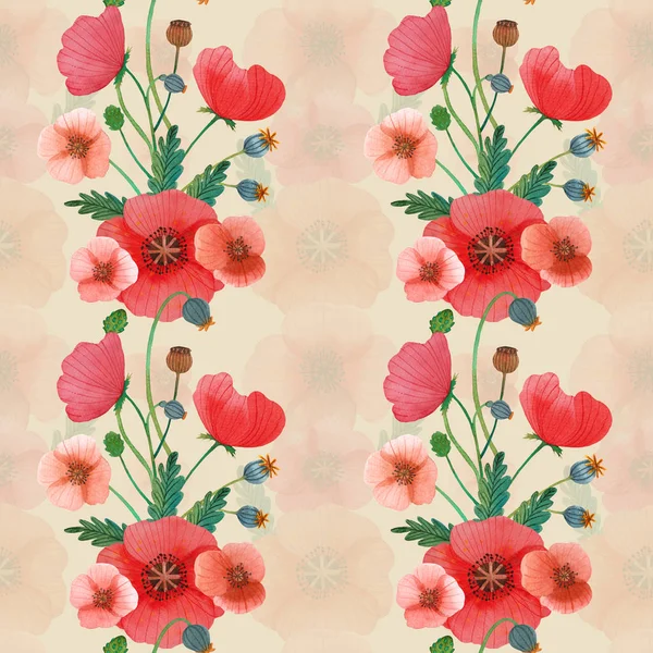 Květiny mák akvarel vzor set ilustrace bezešvé — Stock fotografie