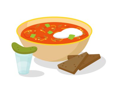 A plate of Russian or Ukrainian borscht with rye bread, vodka and pickled cucumber clipart
