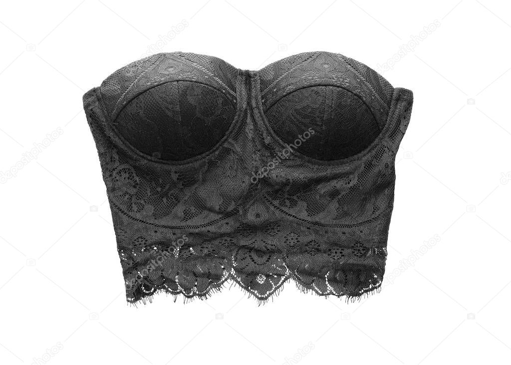 Black lace bra isolated underwear on white background top view flat lay with copy space. Female erotic clothes, fashionable underwear. Concept of sale in the store, shopping.