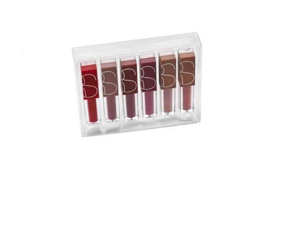 Kosmetik Set Lippenstifte Der Verpackung Isoliert Auf Weißem Hintergrund — Stockfoto