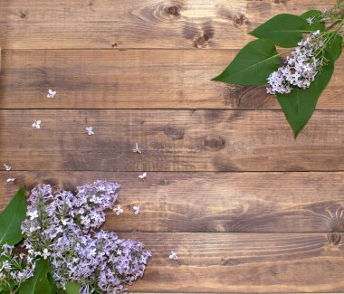 Dekorasyon düz kahverengi ahşap arka planda bir buket çiçekler Lila ile yatıyordu.