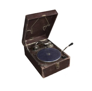 Beyaz arka plan üzerinde izole kutusunda eski vintage müzik pikap.