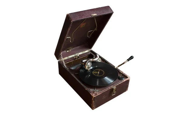 Old Vintage Music Turntable Box Isolated White Background Spinning Vinyl — Stock Photo, Image