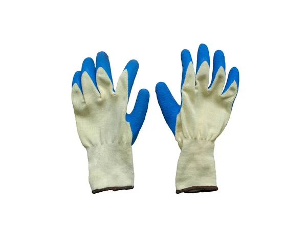 Mit Gummihandschuhen Auf Weißem Hintergrund Blaue Schutzhandschuhe Für Bau Und — Stockfoto