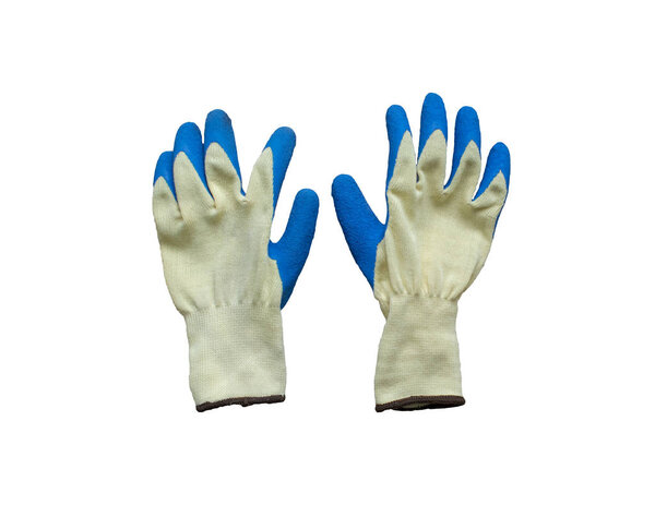 Izolated construction rubberized gloves on a white background. Blue protective gloves for construction and operation with caustic substances. Rubber gloves for repair.